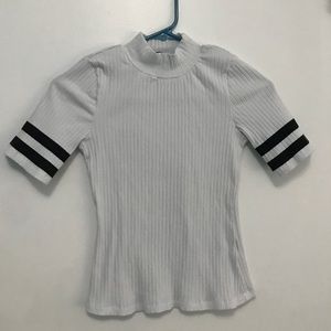 Ribbed White Form-Fitting Tee with Semi-Turtleneck
